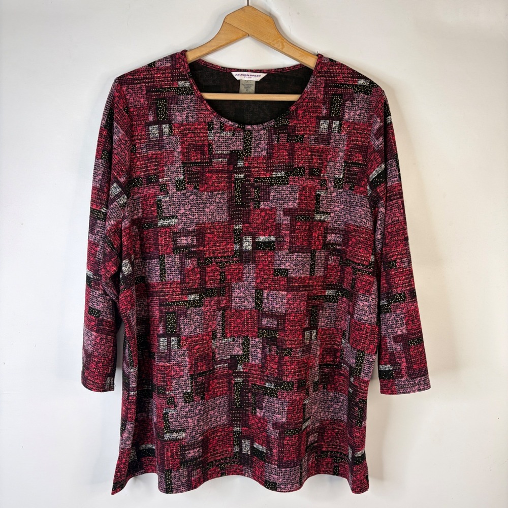 Allison Daley Plus Top Women 2X Pink Red Geometric Print 3/4 Sleeve Crew Neck